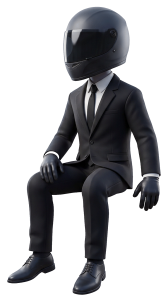 Animated character in motorcycle helmet and suit sitting