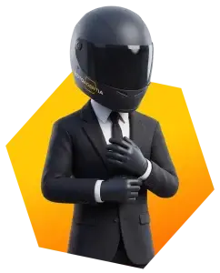 Animated character in motorcycle helmet and suit adjusting his cuff