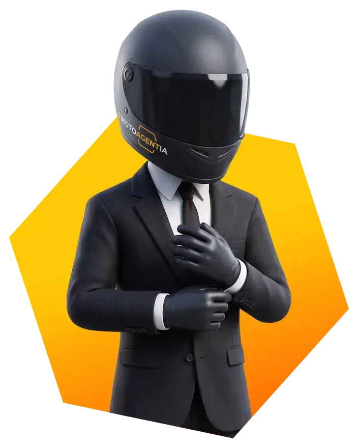 Animated character in motorcycle helmet and suit adjusting his cuff