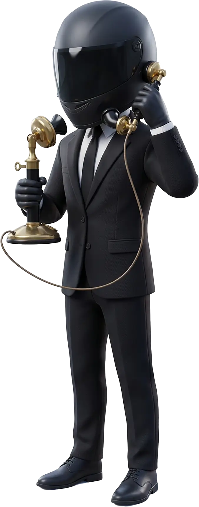 Mr. Moto holding a vintage telephone