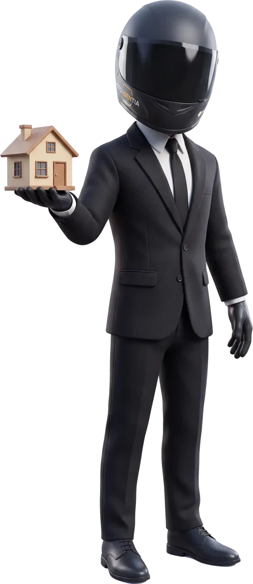 Animated character in motorcycle helmet and suit holding a small 3D rendered house